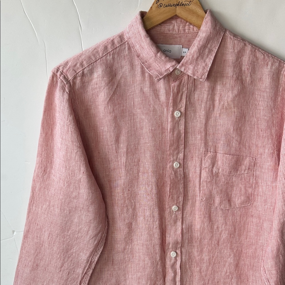 Onia Men's Linen Red Micro-Stripe Button Down Shirt size S